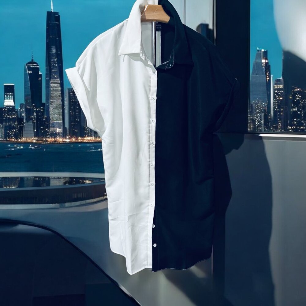 Shein Womens Tunic, Short Sleeve Black and White Color Block (XL)